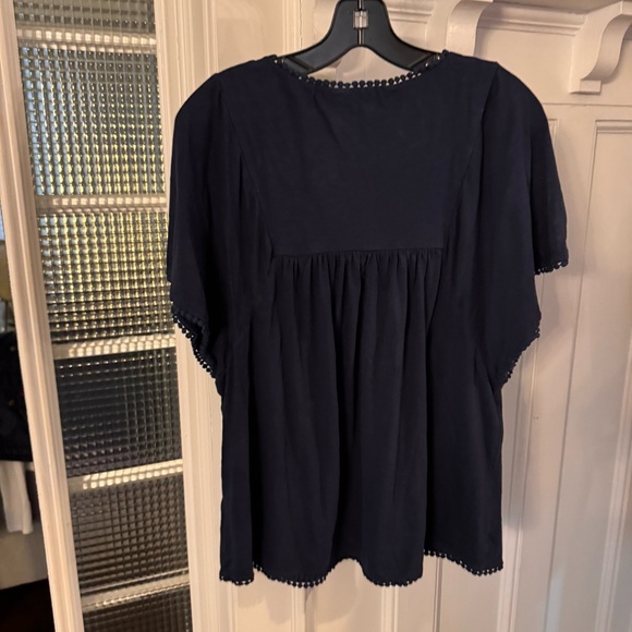 Boden Women’s Navy Blue Peasant Top  Shirt Sleeves Embroidered Trim Sz 10 - Picture 4 of 13